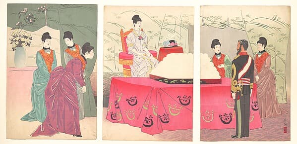 Illustration of the Empress Visiting the General Staff Headquarters [to present a tray of bandages] (Sanbō honbu gyōkei no zu), by Kobayashi Kiyochika