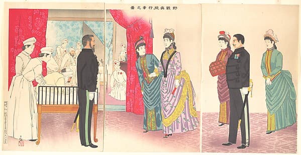 Illustration of the Empress Visiting a Field Hospital [in Hiroshima] (Yasen byōin gyōkō no zu), by Kobayashi Kiyochika