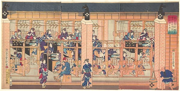 Imported Silk Reeling Machine at Tsukiji in Tokyo, by Utagawa Yoshitora