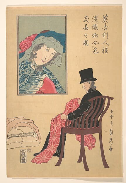 Englishman Sorting Fabrics, by Utagawa (Gountei) Sadahide