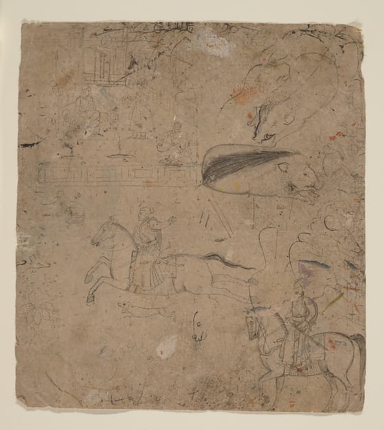 Page from a Sketchbook Showing Rulers on Horseback, Boars, and a Palace Scene, by Pandit Seu