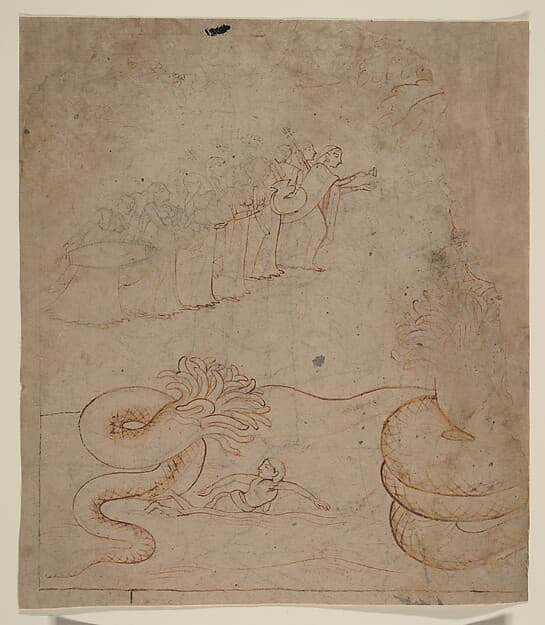Krishna Subdues the Serpent Kaliya in the Yamuna River: Illustration from a Bhagavata Purana Series, by Nainsukh