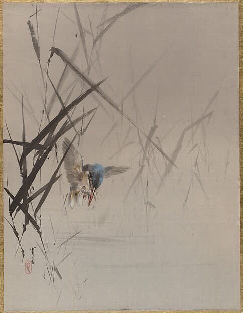 Bird Catching Fish Among Reeds, by Watanabe Seitei