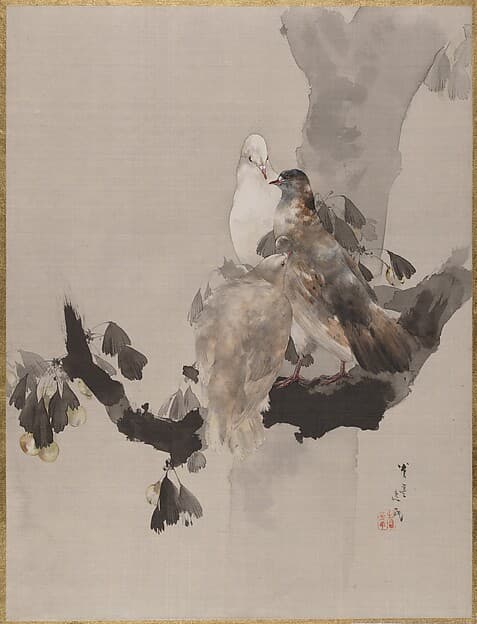 Pigeons in a Tree, by Watanabe Seitei