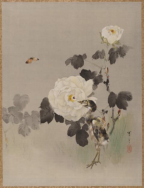 Roses, Young Bird and a Butterfly, by Watanabe Seitei