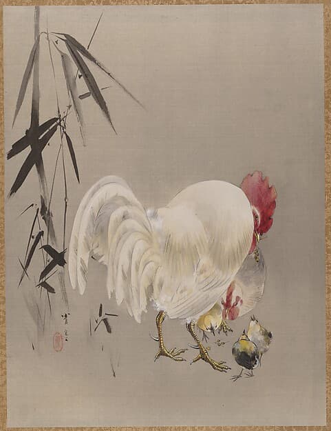 Rooster and Hen with Chicks, by Watanabe Seitei