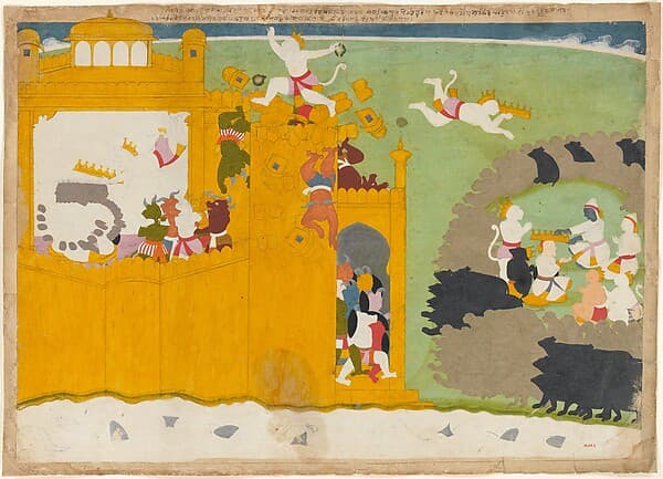 The Monkey Leader Angada Steals Ravana's Crown from His Fortress: Folio from the Siege of Lanka series, by Manaku