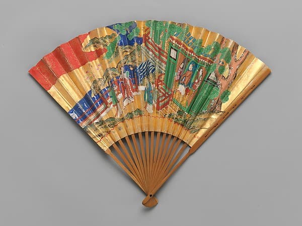 Chūkei Fan with Queen Mother of the West and King Mu of Zhou (obverse) and Plum Tree and Young Pines (reverse)