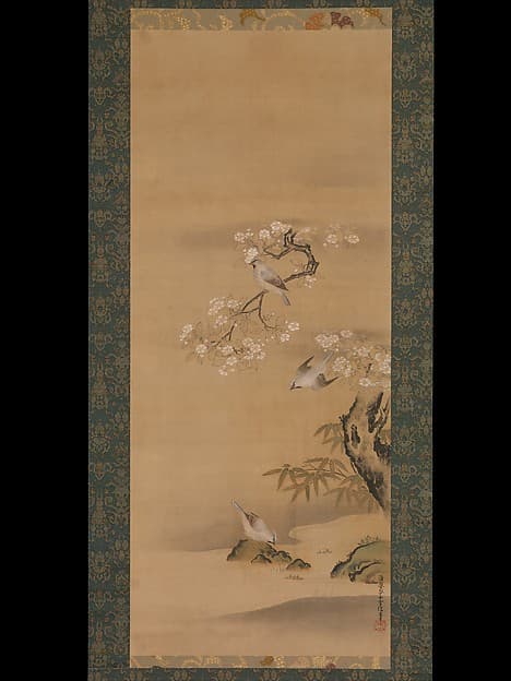 Waxwings, Cherry Blossoms, and Bamboo, by Kiyohara Yukinobu
