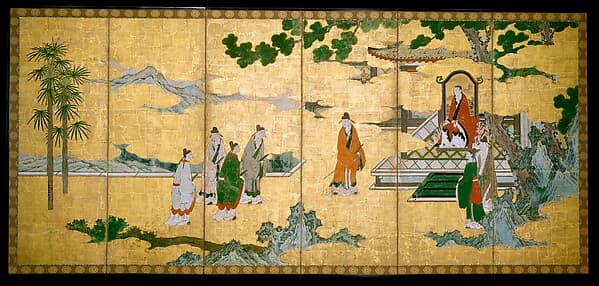 The Return to Court of the Four Graybeards of Mount Shang (left); Su Shi’s Visit to the Wind and Water Cave (right, by Kano Mitsunobu 狩野光信