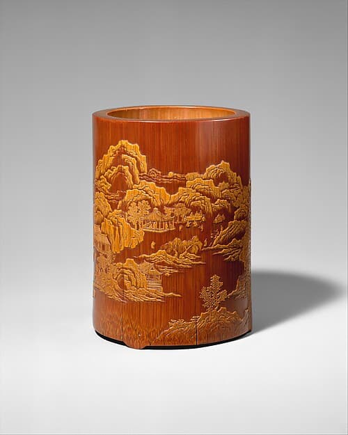 Brush holder with scene of “Ode to the Pavilion of the Inebriated Old Man”, by Zhang Xihuang