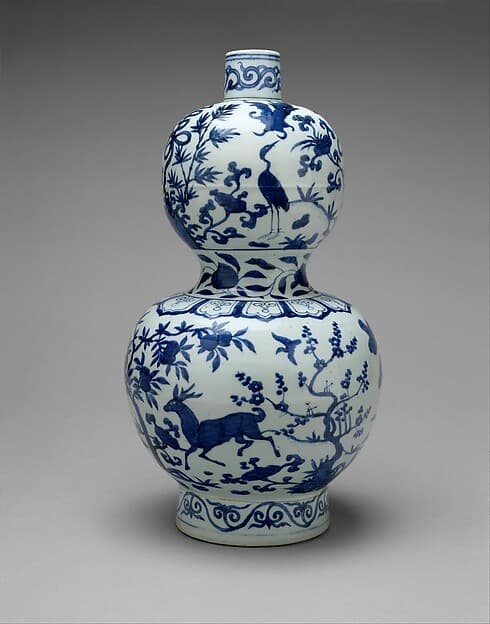 Gourd-Shaped Bottle with Deer and Crane in Landscape