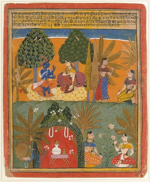 Krishna and Radha with Their Confidantes: Page from a Dispersed Gita Govinda, by Manohar