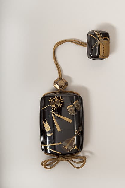 Inrō with Scattered Musical Instruments, Theatrical Implements, and Flowers, by Shibata Zeshin