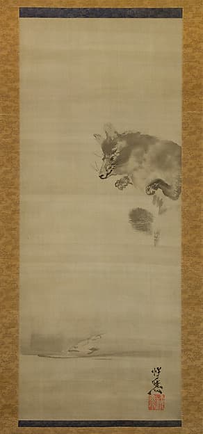 Tanuki (Racoon Dog) Viewing Its Reflection in Water, by Kawanabe Kyōsai 河鍋暁斎