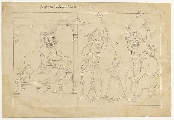 Hiranyakashipu commands his demon warriors to threaten and injure Prahlada. Preparatory drawing from the ‘Small Bhagavata Purana’ Series, by Manaku