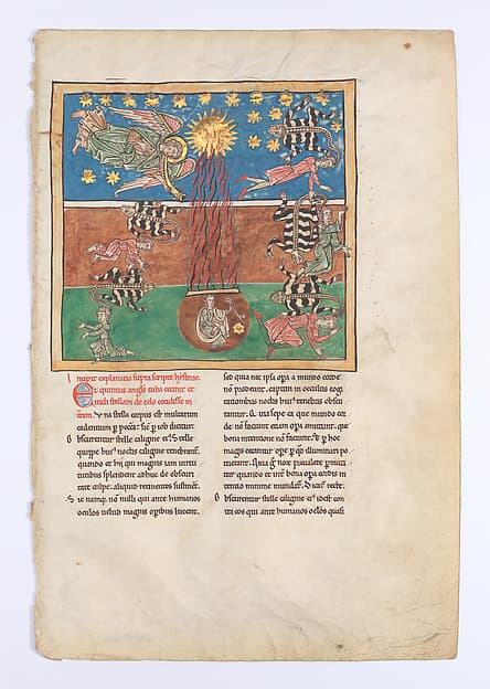 Leaf from a Beatus Manuscript: at the Clarion of the Fifth Angel's Trumpet, a Star Falls from the Sky; the Bottomless Pit is Opened with a Key; Emerging from the Smoke, Locusts Come Upon the Earth and Torment the Deathless