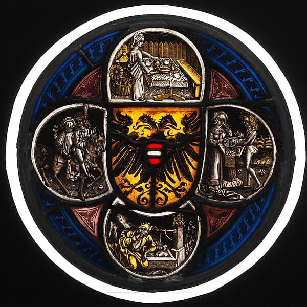 Quatrefoil Roundel with Arms and Secular Scenes
