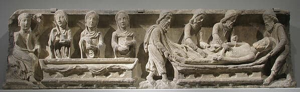 Lintel with the Entombment of Christ (right) and the Holy Women and Angel at the Sepulchre (left)