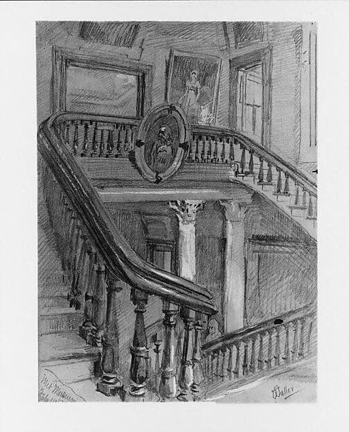 Stairway and balcony, study for "Interior of the Metropolitan Museum of Art when in 14th Street", by Frank Waller