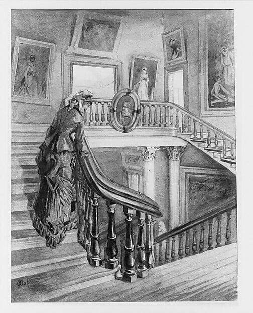 Stairway and balcony, study for "Interior of the Metropolitan Museum of Art when in 14th Street", by Frank Waller