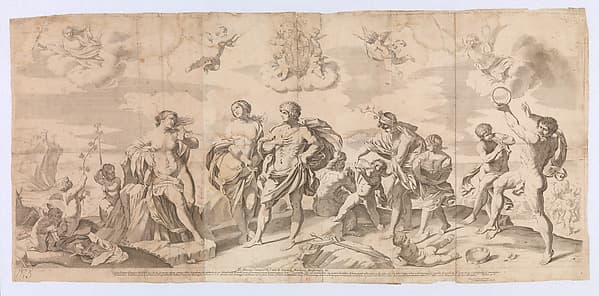 Bacchus with his companions discovering Ariadne on the island of Naxos, after Reni, by Gian Battista Bolognini