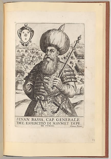 Sinan Bassa, from Effigie naturali dei maggior prencipi et piu valorosi capitani di questa eta con l'arme loro, by Giacomo Franco