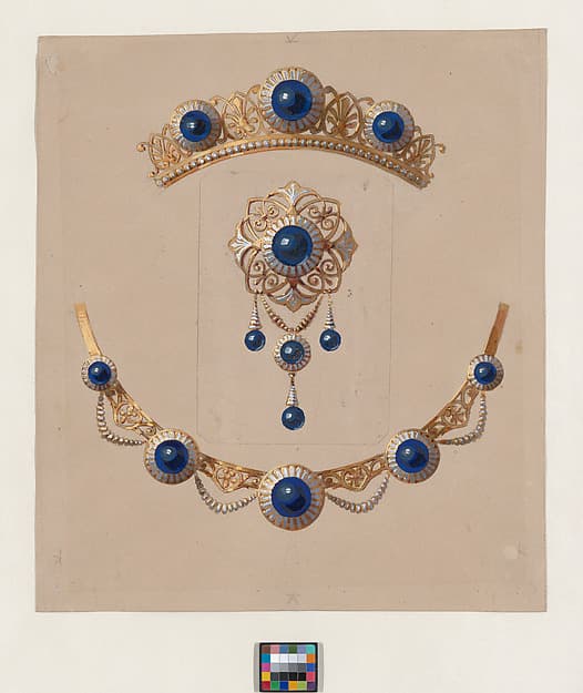 Parure of diadem, brooch and necklace with lapis lazuli and enamel, by Alexis Falize