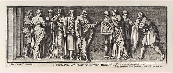 Saint Paul standing before the Proconsul, from a series of 15 plates, depicting Raphael's works for the Vatican stanze and the Sistine Chapel tapestries, by Pietro Santi Bartoli