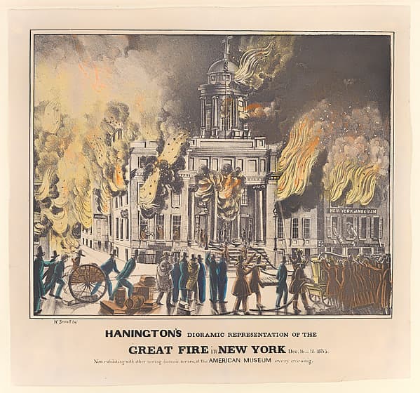 Hanington's Dioramic Representation of the Great Fire in New York, Dec. 16 and 17, 1835. Now Exhibiting with Other Moving Dioramic Scenes, at the American Museum Every Evening..., by H. Sewell