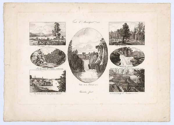 Vues d'Amerique: Lac Georges; Près des chûtes de Trenton, Oneida County; Vue de la rivière du Nord, prise à Clermont; Chûte de la Passaic; Près de Tuckerton; Chûte de West Canada Creek, près de Trenton, Oneida County; La Source à Schooley's Mountain, by Charlotte Bonaparte
