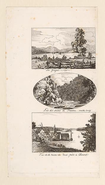 Vues d'Amerique: Lac Georges; Près des chûtes de Trenton, Oneida County; Vue de la rivière du Nord, prise à Clermont, by Charlotte Bonaparte