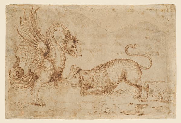 A Lion Confronting a Dragon, by Anonymous, Italian, Tuscan, 16th century