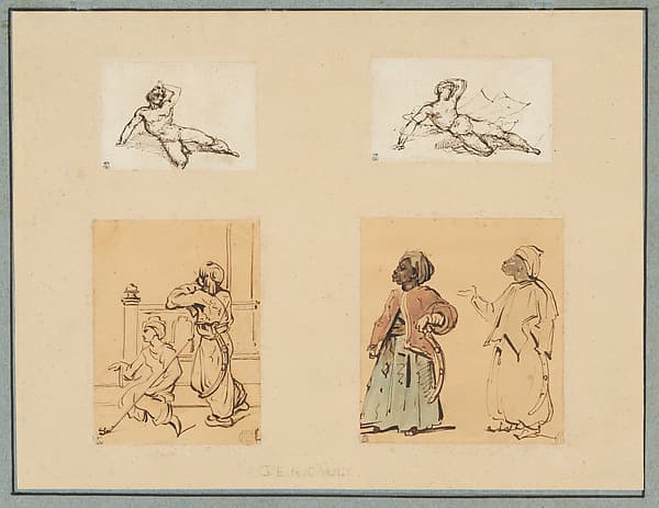 Four drawings: Two Reclining Male Nudes and Two Studies of Ottoman Figures, by Théodore Géricault