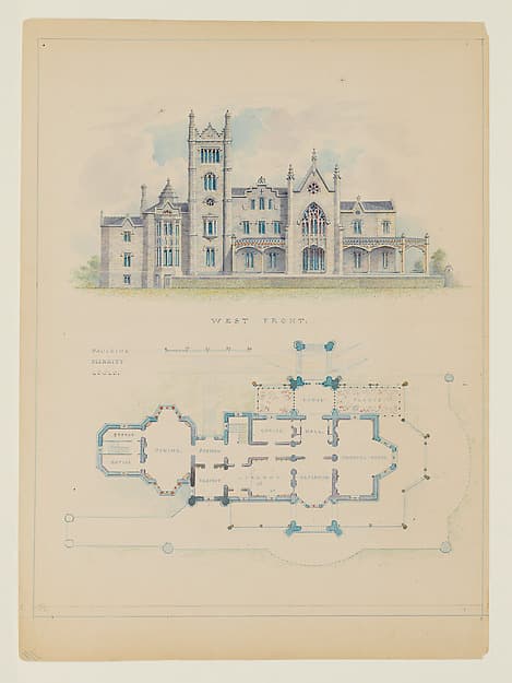 Floorplan and Elevation of the West Front of Lyndhurst, also known as Knoll (Tarrytown), by Alexander Jackson Davis