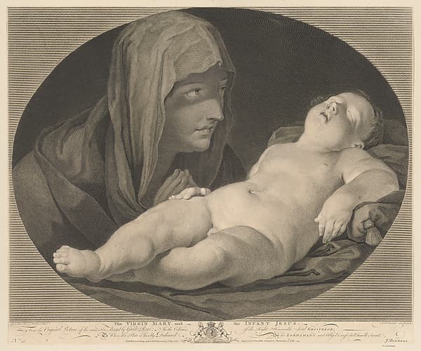 The Virgin in prayer, looking at the sleeping infant Christ, in an oval frame, after Reni, by Simon Francis Ravenet, the elder