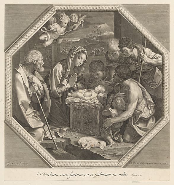 The adoration of the shepherds who kneel together at right before the infant Christ, the Virgin and Saint Joseph at left, two angels above, in an octagonal frame, after Reni, by Francois de Poilly