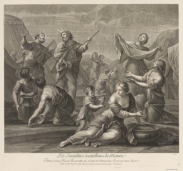The Israelites holding out their cloaks to collect the manna raining from heaven, Moses standing in the background, by Jean Raymond
