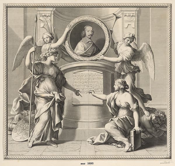 A bust portrait of Cardinal Jules Mazarin, flanked by two angels and two allegorical figures, the angel at right standing atop a man with snakes in his hair, by Francois de Poilly