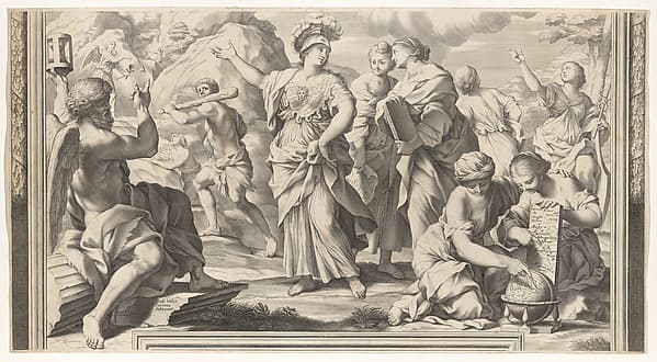 Allegory with Time, Pallas Athene, and various muses, after frescoes in the Barberini Palace (?), by Guillaume Vallet