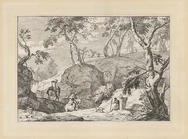 Mountain landscape with men on horseback and a seated man with a dog, by Marco Ricci