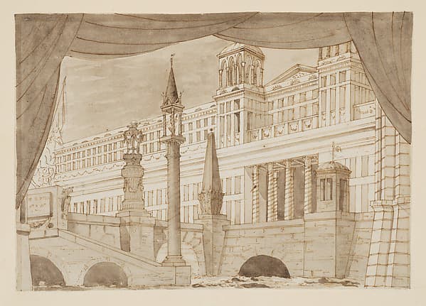 Design for a Stage Set with a Palace and Bridge, by Carlo Galli Bibiena