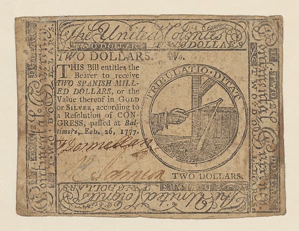 United Colonies Continental Currency – Two Dollars, by Hall and Sellers, Philadelphia, Pennsylvania