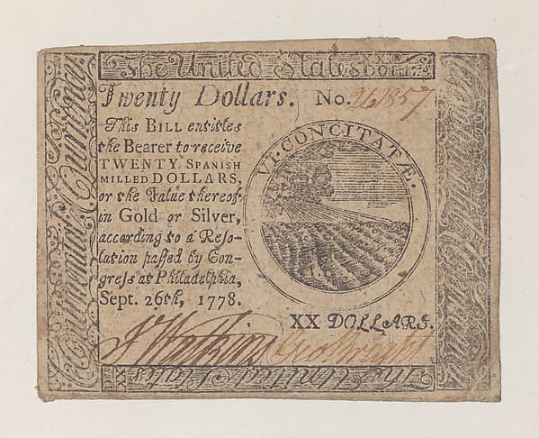 United States Continental Currency – Twenty Dollars, by Hall and Sellers, Philadelphia, Pennsylvania