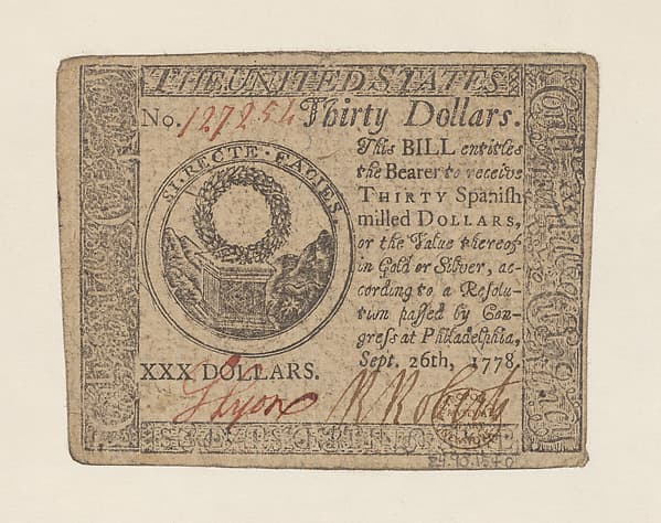 United States Continental Currency – Thirty Dollars, by Hall and Sellers, Philadelphia, Pennsylvania