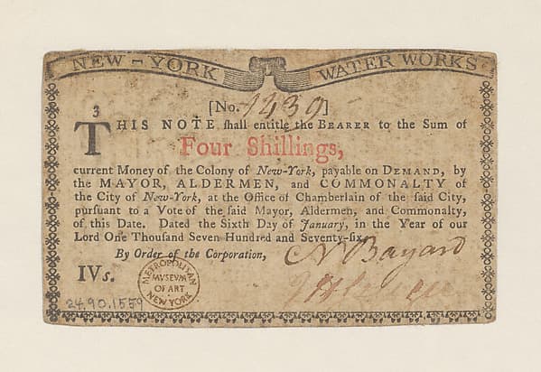 New York Colonial Currency [New York Water Works] – Four Shillings, by Hugh Gaine