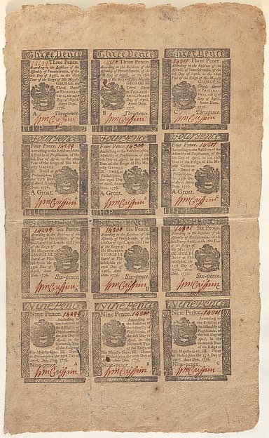 Uncut sheet of United States Continental currency, by Hall and Sellers, Philadelphia, Pennsylvania