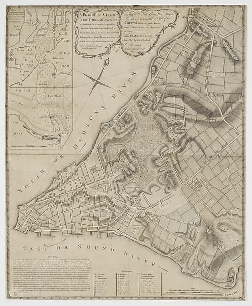 A Plan of the City of New-York & its Environs, to Greenwich, on the North, or Hudsons River, and to Crown Point on the East, or Sound River, Shewing the Several Street, Publick Buildings, Docks, Fort, & Battery, with the true Form & Course of the Commanding Grounds with and without the Town, Survey'd in Winter 1766-66 [The Montresor Plan], by Peter Andrews