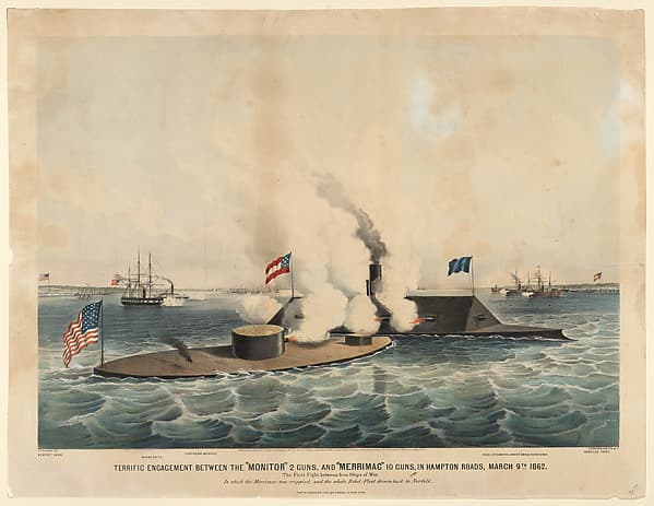 Terrific Engagement between the "Monitor" 2 guns, and "Merrimac" 10 guns, in Hampton Roads, March 9th, 1862 – The First Fight Between Ironclad Ships of War, by Frances Flora Bond Palmer