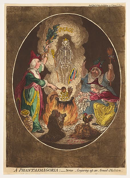 A Phantasmagoria; — Scene – Conjuring-Up an Armed-Skeleton, by James Gillray